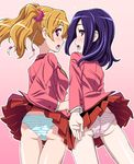  ass blush brown_hair fresh_precure! higashi_setsuna homing_(areya) legs looking_back momozono_love multiple_girls panties pink_eyes precure public_yotsuba_middle_school_uniform purple_hair red_eyes school_uniform skirt skirt_flip striped striped_panties twintails underwear wind wind_lift 