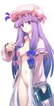  book bow breasts crescent groin hair_bow hair_ribbon large_breasts long_hair navel no_bra no_panties open_clothes open_robe ouma_tokiichi patchouli_knowledge purple_eyes purple_hair ribbon robe simple_background solo standing touhou untied 