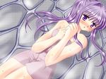  bath clannad fujibayashi_kyou hiiragi_tomoka long_hair lying naked_towel on_back purple_eyes purple_hair solo steam towel 