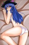  ass blue_hair cube_(circussion) food fruit hat hinanawi_tenshi long_hair looking_back panties peach red_eyes solo topless touhou underwear 