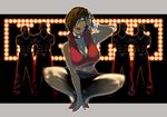  abs bracelet breasts brown_hair cleavage collar dark_skin hair_over_one_eye jewelry large_breasts lipstick makeup meiko midriff mole muscle necklace s_kengo short_hair skirt solo squatting sunglasses vocaloid yellow_eyes 