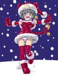  animal_ears bad_id bad_pixiv_id bell blue_eyes blush boots busou_shinki dd_(ijigendd) elbow_gloves fangs gloves green_hair happy hat latex latex_dress latex_gloves maochao panties pantyshot red_gloves santa_costume santa_hat short_hair snow solo tail tail_bell thighhighs underwear 