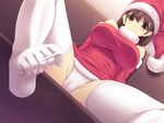  anegasaki_nene breasts brown_eyes brown_hair cameltoe feet foreshortening fujirin hat large_breasts love_plus mole mole_under_eye panties pov_feet santa_costume santa_hat solo spread_legs thighhighs toe_scrunch underwear white_panties 