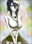  1girl arrancar black_hair bleach breasts cleavage cute espada expressionless facial_mark genderswap green_eyes hair_between_eyes hollow large_breasts midriff skull solo ulquiorra_cifer ulquiorra_schiffer white_skin 