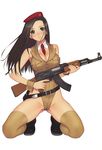  absurdres ak-47 assault_rifle belt beret black_eyes black_hair boots breasts cleavage copyright_request gun hat highres kneeling large_breasts long_hair military military_uniform necktie rifle solo tanaka_takayuki thighhighs uniform weapon wrist_cuffs 