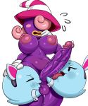  3girls areolae blush boo breasts cowboy_shot fellatio futanari gloves gray_impact hair_over_eyes hat highres large_breasts multiple_girls navel nipples open_mouth oral paper_mario paper_mario:_the_thousand_year_door penis pink_hat precum purple_skin simple_background terena vivian white_background white_gloves witch_hat yuuno_(mario) 