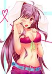  animal_ears bad_id bad_pixiv_id belt bikini_top blush breasts bunny_ears cleavage fang front-tie_top heart heart_of_string jimo large_breasts long_hair navel nipple_slip nipples purple_hair red_eyes reisen_udongein_inaba solo tears touhou unzipped wardrobe_malfunction 