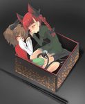  animal_ears bow box braid brown_hair cat_ears cat_tail chen closed_eyes extra_ears hair_ribbon in_box in_container kaenbyou_rin multiple_girls multiple_tails noi red_hair ribbon short_hair sleeping socks tail touhou twin_braids 