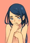  blue_eyes blue_hair blush covering covering_breasts embarrassed eyelashes face flat_chest hands long_hair minazuki_karen nude precure solo ukokkei yes!_precure_5 
