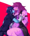  1boy 1girl absurdres ass blue_hair blue_skin blush bodysuit bracelet claws deltarune fangs gloves hair_over_eyes hand_holding highres jewelry kris_(deltarune) looking_at_another medium_hair messy_hair muscle muscular_female no_pants purple_hair purple_skin red_eyes shirt_lift short_hair sleeveless_jacket smile spiked_armlet spiked_bracelet spikes susie_(deltarune) suurin_(ksyaro) sweat sweatdrop toned two-tone_background undressing white_gloves 