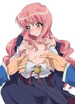  blush cape flat_chest highres kasuga_souichi long_hair louise_francoise_le_blanc_de_la_valliere midori_kouichi nipple_tweak nipples open_clothes open_shirt pink_eyes pink_hair shirt skirt zero_no_tsukaima 