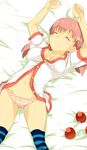  akane_(pokemon) breasts closed_eyes gym_leader hair_ornament hairclip highres kamuran large_breasts lying midriff navel no_bra panties pink_hair poke_ball pokemon pokemon_(game) pokemon_hgss sleeping solo striped striped_legwear striped_panties thighhighs unbuttoned underwear 