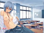  ayanami_rei blue_hair breasts breasts_apart classroom desk homunculus_(artist) indoors large_breasts mouth_hold neon_genesis_evangelion no_bra open_clothes open_shirt red_eyes school_desk school_uniform shirt short_hair solo 