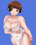  apron blue_background blush breasts brown_hair cleavage copyright_request large_breasts lips lowres matoyama purple_eyes see-through short_hair solo 