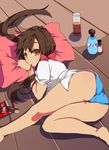  ass axis_powers_hetalia brown_eyes brown_hair eating ebifurai food glass hair_ribbon long_hair looking_back lying mouth_hold panties pillow pinky_out pocky ribbon seychelles_(hetalia) solo twintails underwear 