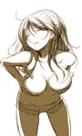  ahoge akino_sora bad_id bad_pixiv_id breast_squeeze breasts closed_eyes copyright_request large_breasts leaning_forward long_hair monochrome no_nose sepia sketch solo standing topless 