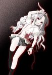  albino bad_id bad_pixiv_id blood chain earrings flat_chest highres jewelry knife legs long_hair ninoko open_clothes open_shirt original pale_skin red_eyes reverse_grip shirt silver_hair skirt socks solo vampire white_skin 