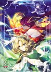  3girls artist_name bare_shoulders blonde_hair blue_background blue_cape blue_eyes blue_hair cape dated drill_hair elbow_gloves fighting_stance fire flame glint gloves green_cape green_eyes hair_ornament hairband holding holding_sword holding_weapon hououji_fuu long_hair looking_to_the_side magic magic_knight_rayearth medium_hair multiple_girls outdoors red_eyes ryuuzaki_umi scarf shidou_hikaru short_hair sukja sword water weapon white_gloves wing_hair_ornament 