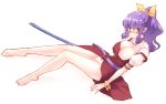  1girl arm_belt barefoot belt blush bow bow_panties breasts brown_eyes bursting_breasts collarbone dress embarrassed erect_nipples eyebrows_visible_through_hair hair_bow large_breasts long_hair looking_away no_pants non_(z-art) open_clothes panties pantyshot ponytail puffy_short_sleeves puffy_sleeves purple_hair short_sleeves simple_background sitting solo sword touhou underwear watatsuki_no_yorihime weapon white_background 