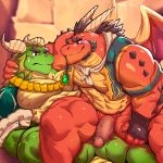  2018 anthro anthro_on_anthro barazoku biceps big_biceps big_muscles big_pecs blush bushy_eyebrows clothing delbin_(spyro) dragon duo erection gloves green_body hand_on_thigh hi_res horn humanoid_penis istani jewelry looking_at_partner male male/male muscular muscular_male necklace necktie nestor_(spyro) pecs penis red_body reptile scalie sitting smile spikes spyro_reignited_trilogy spyro_the_dragon thick_thighs vein vest video_games wings 