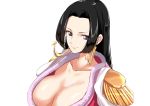  &gt;:) 1girl absurdres black_hair blue_eyes boa_hancock breasts cleavage collarbone commentary_request earrings epaulettes eyes_closed forehead highres jewelry large_breasts long_hair looking_at_viewer no_bra one_piece schreibe_shura serious simple_background smile snake_earrings solo straight_hair upper_body v-shaped_eyebrows white_background 