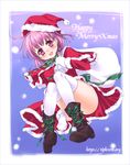  ass bad_id bad_pixiv_id blush boots hat highres kanda_aya legs mashiba_mariko original pink_hair purple_eyes santa_costume santa_hat short_hair solo thighhighs white_legwear 