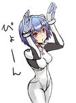  arms_up ayanami_rei bangs blue_hair blush bodysuit bracer breasts caramelldansen cowboy_shot dancing from_side gloves hair_ornament medium_breasts neon_genesis_evangelion number parody parted_lips pilot_suit plugsuit red_eyes short_hair simple_background sketch solo translated turtleneck white_background white_bodysuit 