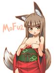  animal_ears bad_id bad_pixiv_id bare_shoulders brown_eyes brown_hair flat_chest fox_ears fox_tail japanese_clothes jingai_modoki kimono long_hair naughty_face nipples original solo tail tongue undressing 