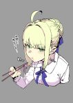  absurdres ahoge angry artoria_pendragon_(all) blonde_hair blue_bow blush bow braid chopsticks condom cum cum_string eyebrows_visible_through_hair fate_(series) from_above green_eyes hair_intakes highres looking_at_viewer looking_to_the_side oosawara_sadao pout saber simple_background translation_request upper_body used_condom 