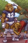  american_football armor assisted_exposure clothing diaper embarrassed felid football_(disambiguation) football_player footwear gloves hi_res karis_playrground laugh lion mammal older_sibling outside pantherine pantsing shoes sibling sport younger_sibling 