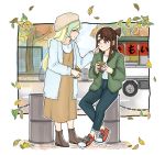  alternate_costume artist_request blush brown_hair cloud cloudy_sky couple diana_cavendish dress eyes_closed food food_cart green_jacket happy jacket kagari_atsuko leaf little_witch_academia long_hair multicolored_hair red_eyes shirt shoes sky smile sneakers tree white_shirt yuri 