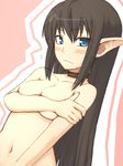  bad_id bad_pixiv_id blue_eyes blush breast_hold breasts brown_hair choker copyright_request covering jingai_modoki large_breasts long_hair navel nude pointy_ears solo 