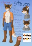  absurd_res brown_fur canid canine clothed clothing fluffy_hair fox fur fuzzy hair hi_res hoodie mammal model_sheet orange_fur pawpads paws red_fox shorts signature spanish stated_homosexuality steven_(villalobossand1) tan_fur text topless villalobossand1 yellow_eyes 