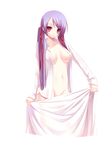  absurdres blanket breasts groin hair_ornament hair_ribbon hairclip highres large_breasts long_hair naked_shirt nana_mikoto navel nipples no_panties open_clothes open_shirt original purple_hair red_eyes ribbon see-through shirt solo twintails wet 