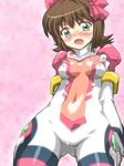  amami_haruka blush bodysuit bow breasts brown_hair cameltoe clitoris cosplay covered_nipples erect_clitoris green_eyes highres idolmaster idolmaster_xenoglossia nanamo_(002a) open_mouth short_hair skin_tight small_breasts solo sora_wo_kakeru_shoujo 