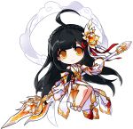  1girl absurdres ahoge apsara_(elsword) ara_han bare_legs bare_shoulders black_hair chibi elsword hair_ornament high_heels highres holding holding_spear holding_weapon legs_together long_hair looking_at_viewer official_art orange_eyes pleated_skirt polearm puffy_sleeves red_eyeshadow sash shirt skirt smile solo spear weapon white_background white_footwear white_shirt 