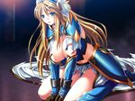  armor artist_request blonde_hair blood blue_eyes breasts character_request cute injury kneeling large_breasts long_hair nipples sexy source_request torn_clothes wound wounded 
