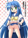  1girl blush female hino_hino izumi_konata lucky_star no_panties pussy school_uniform skirt skirt_lift smile solo standing translated translation_request uncensored 