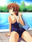  antenna_hair arm_support ass back blush brown_eyes brown_hair clannad competition_school_swimsuit dango_daikazoku day from_behind furukawa_nagisa hair_ornament hairclip highres kickboard looking_back non-web_source norizou_type-r one-piece_swimsuit open_mouth outdoors pool poolside school_swimsuit short_hair solo swimsuit water 