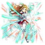  1girl asuna_(sao) blonde_hair braid brown_eyes cape crown_braid detached_sleeves floating_hair full_body highres holding holding_sword holding_weapon leg_up long_hair long_sleeves looking_at_viewer miniskirt official_art pleated_skirt rapier red_skirt skirt smile solo sword sword_art_online thighhighs transparent_background v-shaped_eyebrows very_long_hair waist_cape weapon white_cape white_legwear white_sleeves zettai_ryouiki 