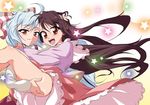  ass ass_grab brown_hair carrying dress frills fujiwara_no_mokou hachi_(chihagura) hair_ribbon happy houraisan_kaguya legs long_hair multiple_girls open_mouth orange_eyes out_of_character panties princess_carry ribbon shirt smile star touching touhou underwear white_hair white_panties white_shirt yuri 