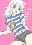  artist_request bakura_ryou blush d: eyebrows_visible_through_hair flat_chest furrowed_eyebrows grey_eyes grey_shorts long_hair looking_at_viewer male_focus mars_symbol micro_shorts open_mouth otoko_no_ko pale_color pink_background short_sleeves shorts simple_background sketch sketch_eyebrows solo white_hair yuu-gi-ou yuu-gi-ou_duel_monsters 