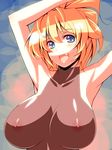  armpits arms_up blonde_hair blue_eyes bodysuit breasts excellen_browning fang huge_breasts nipples open_mouth see-through smile solo super_robot_wars super_robot_wars_original_generation tro 