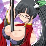  arc_system_works between_breasts black_hair blazblue blazblue:_calamity_trigger blush breasts bursting_breasts china_dress chinadress chinese_clothes cleavage dress glasses hair_ornament huge_breasts litchi_faye_ling long_hair panda ryukishi sexually_suggestive staff weapon 