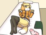  4:3 animal_crossing anthro bed blush bottomless breasts butt canid canine canis clothed clothing domestic_dog female fur hair isabelle_(animal_crossing) legwear looking_at_viewer lying mammal nintendo on_back panties pillow shih_tzu simple_background solo star★man underwear video_games yellow_fur 