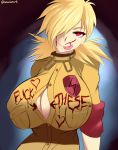  blonde_hair blood breasts cleavage grin hair_over_one_eye hellsing huge_breasts looking_at_viewer naughty_face seras_victoria smile solo sowilo 
