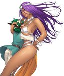  1girl age_difference between_breasts bikini_top breast_rest breasts breasts_on_head circlet cleavage dark_skin dragon_quest dragon_quest_iv dress earrings femdom head_hold height_difference hero_(dq4) hug jewelry jinroku large_breasts legs loincloth long_hair long_legs manya pelvic_curtain purple_hair red_eyes sideboob thighs underboob 