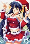  absurdres blue_eyes blue_hair christmas detached_sleeves fumio_(ura_fmo) hair_ribbon hat highres hoshiuta kinoshita_midori long_hair midriff navel one_eye_closed ribbon santa_costume santa_hat solo star twintails 