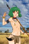  \m/ africa bodypaint green_hair loincloth macross macross_frontier nipple_rings nipples photoshop polearm ranka_lee red_eyes spear topless tribal weapon 