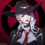 1girl artist_name ashe_(overwatch) banned_artist breasts choker collared_shirt cowboy_hat earrings eyelashes eyeshadow gradient gradient_background hat highres jacket jewelry lips lipstick logo looking_at_viewer makeup medium_breasts medium_hair mole_above_mouth necktie overwatch parted_lips paul_kwon pinstripe_shirt portrait red_background red_eyes red_lipstick red_neckwear shirt smile solo stud_earrings watermark web_address white_hair white_shirt 